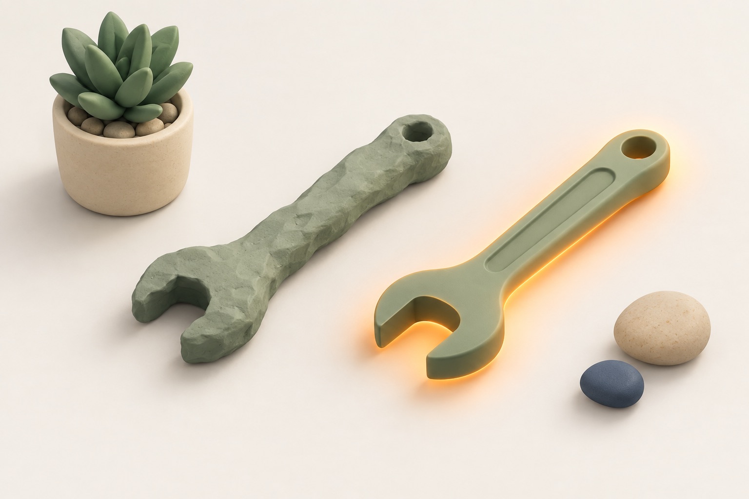 A rough, lumpy clay wrench next to a smooth, refined version of the same wrench glowing orange
