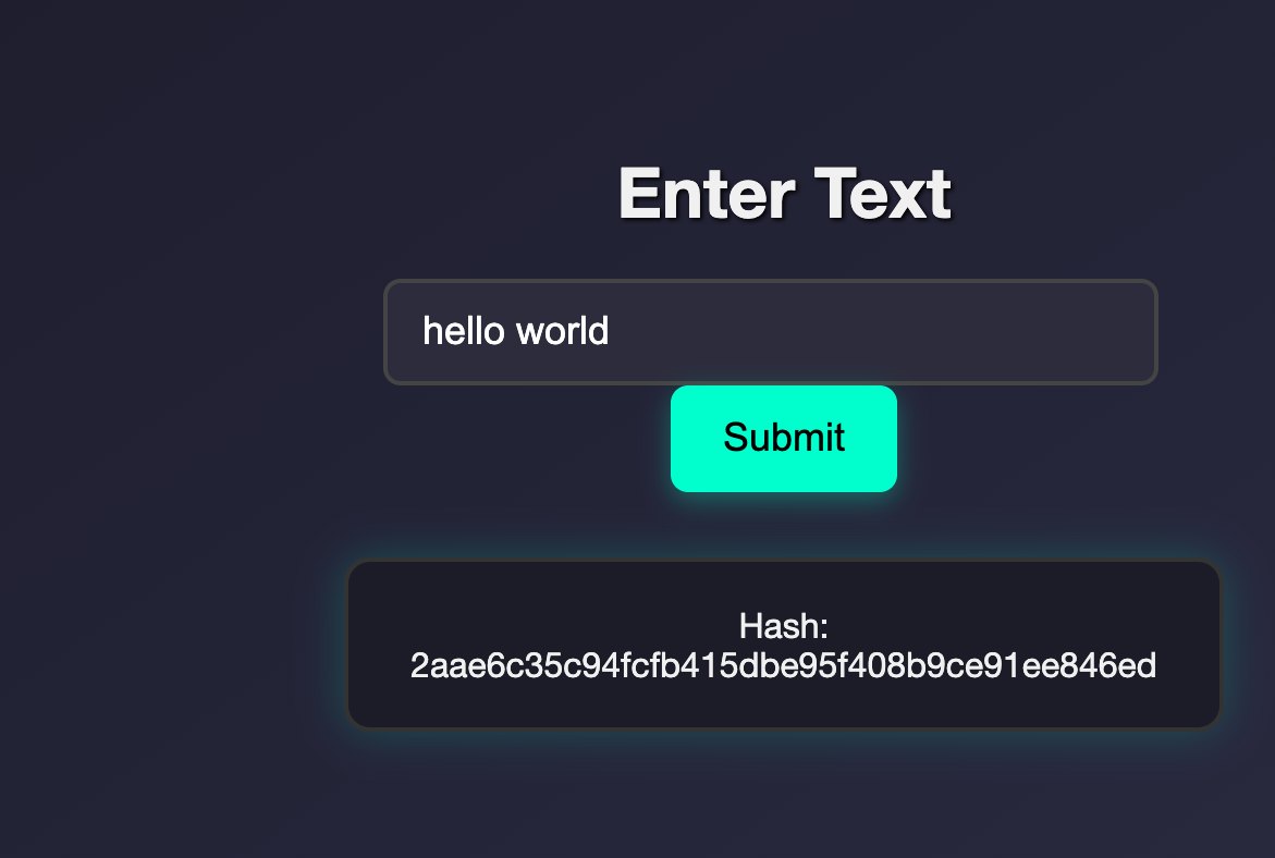 The same page on a dark navy gradient with a large white heading, a dark translucent input, a glowing mint green Submit button and the hash in a dark card with a soft green glow