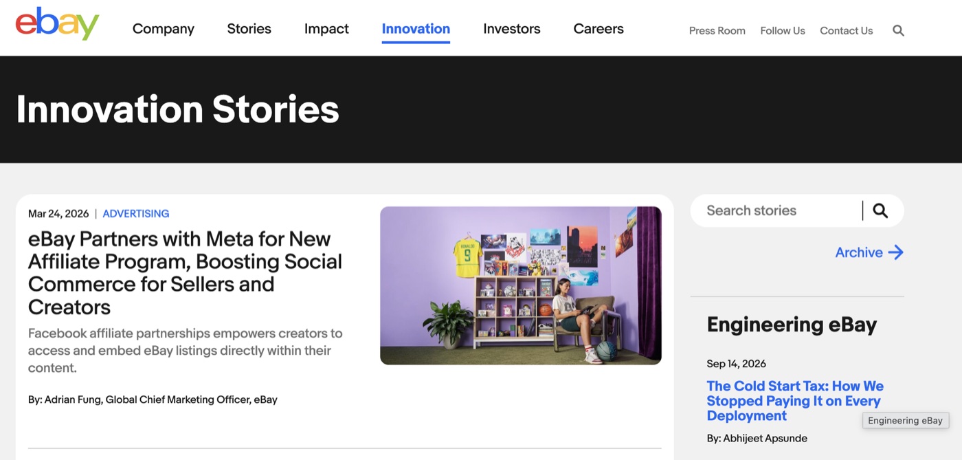 eBay's Innovation Stories page, with this article listed under Engineering eBay dated Sep 14 2026