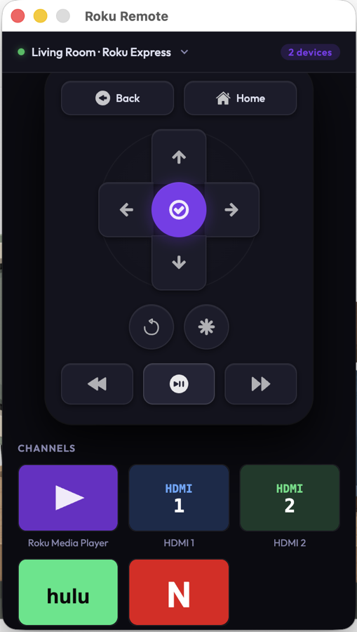 The Roku Remote app showing the d-pad, media controls, and a channel grid with Roku Media Player, HDMI 1, HDMI 2, Hulu, and Netflix