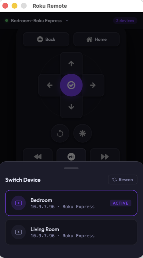 The device switcher sheet showing Bedroom (active) and Living Room as selectable Roku devices